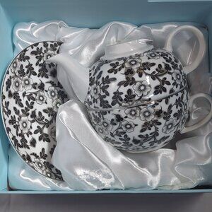 GRACE TEAWARE NEW Tea For 1 With Black & White Floral Design Teapot/Teacup Set